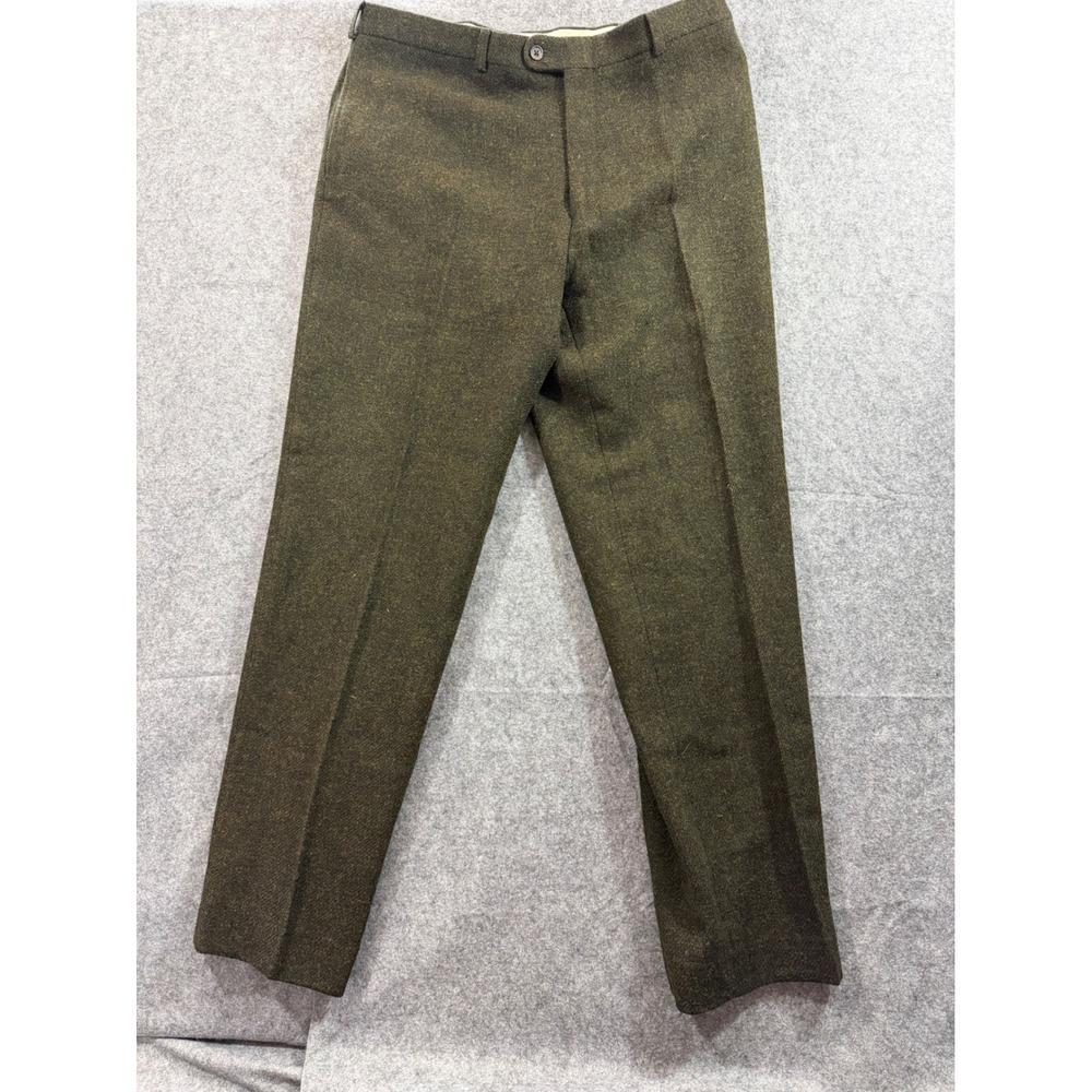 Vintage Burberry London Tweed Wool Trousers Men's Olive Brown Flat Front 36x30